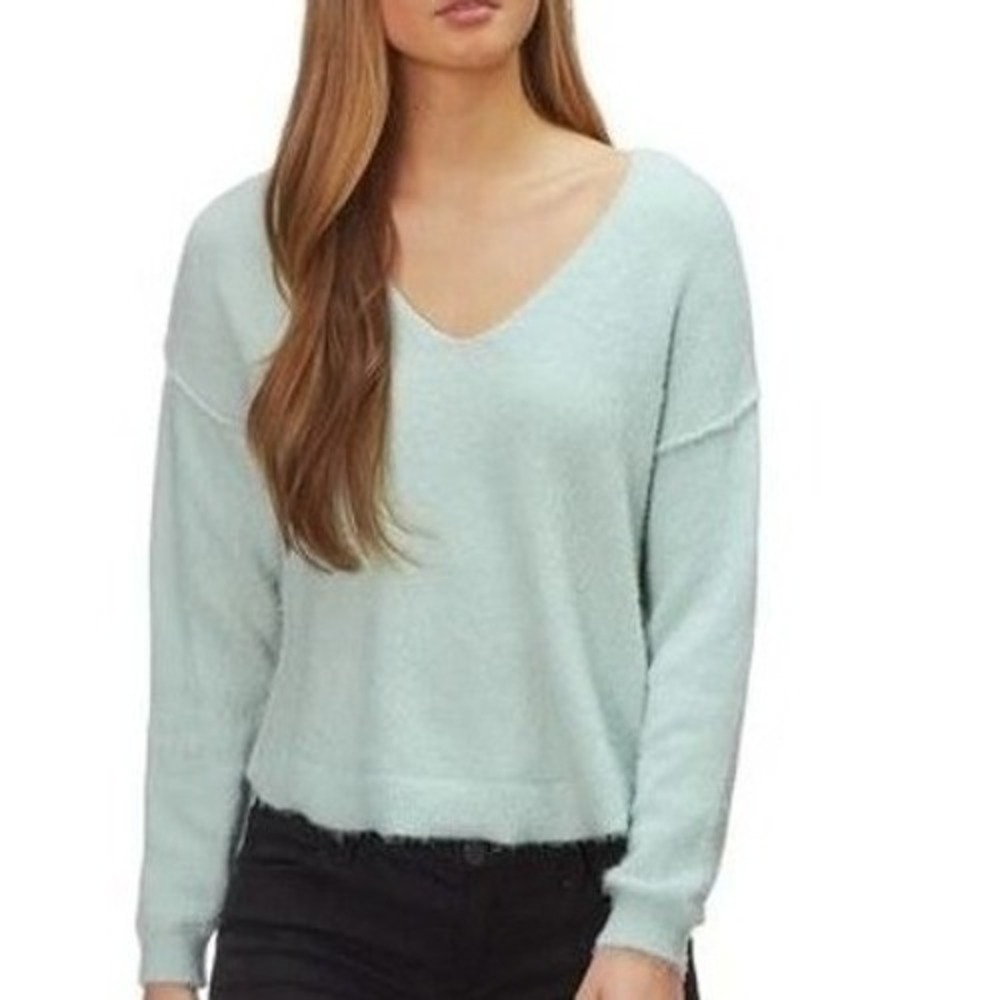 Free People Women's V-Neck Oversized XS Fuzzy Sweater Pullover Retail $108 Green